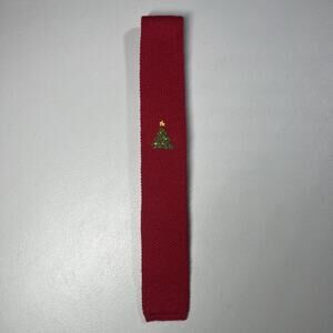 Vintage Wool Knit Sock Tie Square End Red Christmas Tree Embroidery Retro Slim